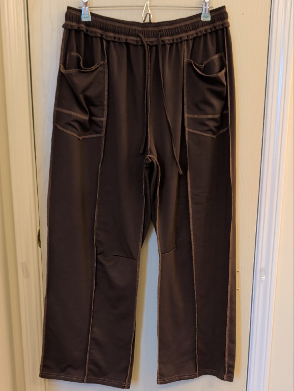 Women’s Brown Lounge Pants | Elastic Drawstring Waist | Casual Pocket Pants | L - Picture 2 of 4